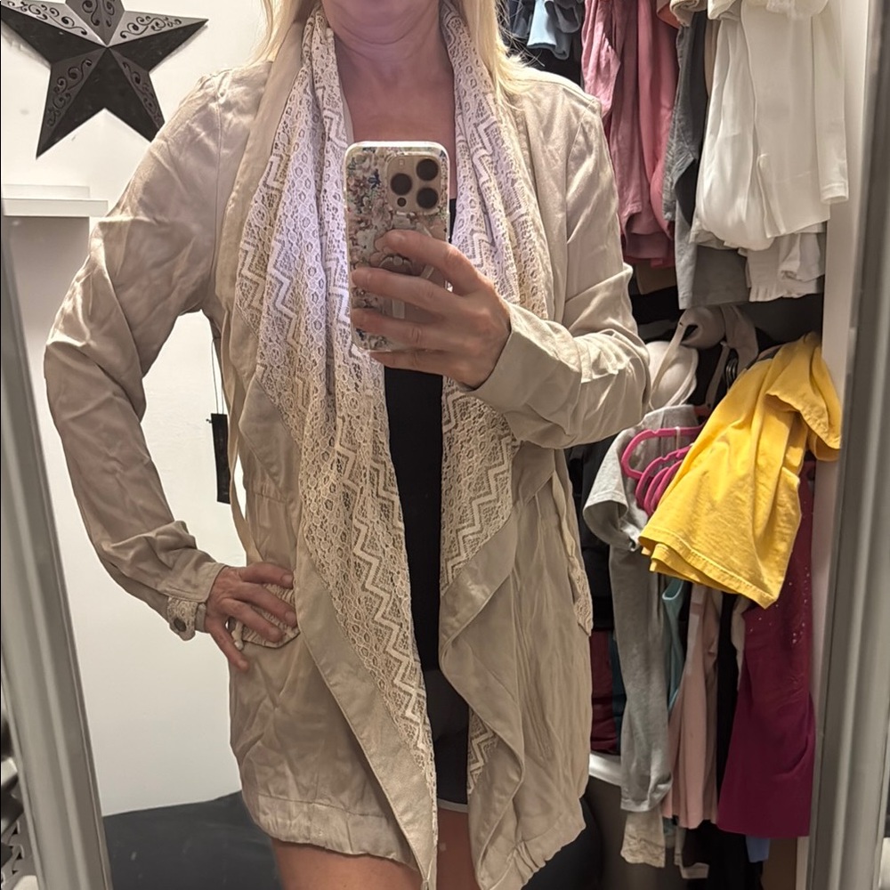 May & July Beige Lace Trim Cardigan Jacket